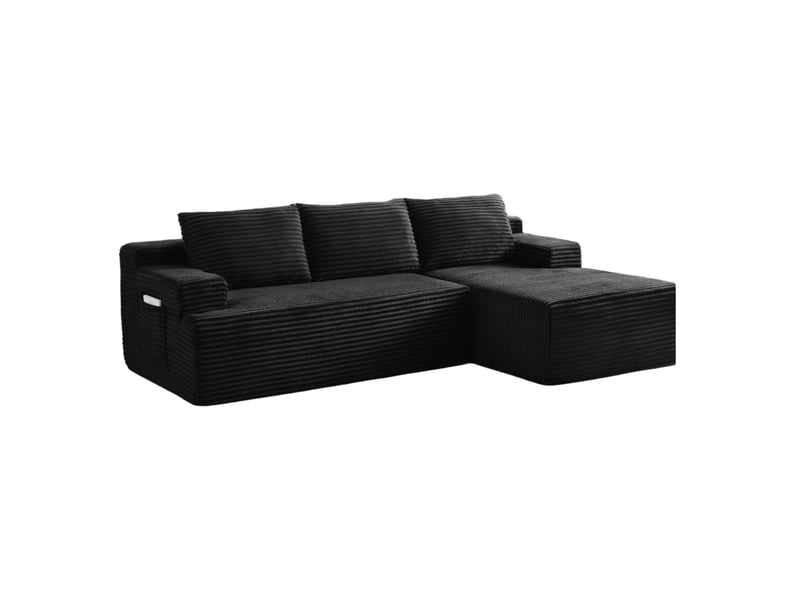  Canapé d'angle compressé en l 238x152x66 cm modulable 3 places, mousse et velours côtelé couleur noir, moderne  - Conforama A