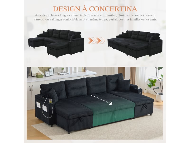  Canapé d'angle convertible 4 places en velours côtelé noir 272x136x86 cm avec rangement, usb-c et porte-gobelets 272x136x86cm - Conforama W