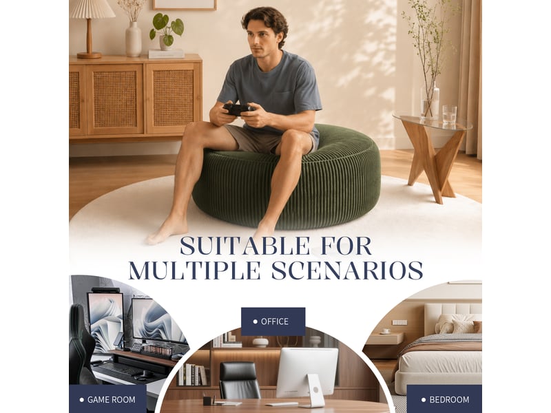  Fauteuil pouf rond avec mousse à mémoire de forme pour salon, chambre et bureau, en velours côtelé vert  - Conforama E