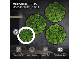 Ecd germany tableau en mousse boule stabilisée véritable, forme ronde ø 40 cm, vert, décoration murale végétale d'intérieur, cadre en mdf, sans arrosage ni entretien, effet 3d, pièce unique