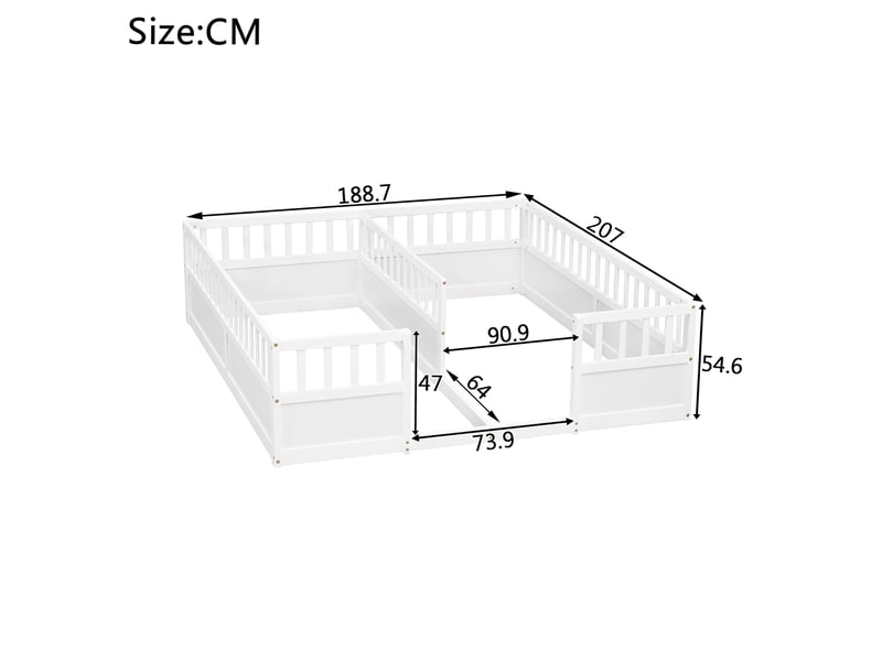 Lit double enfant 2x90x200 cm, lit au sol avec barrières hautes, blanc, sans matelas  - Conforama C
