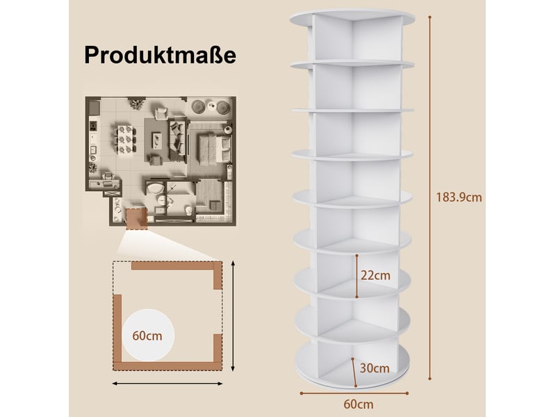  Meuble à chaussures rotatif 60x60x184 cm 8 niveaux blanc  - Conforama E