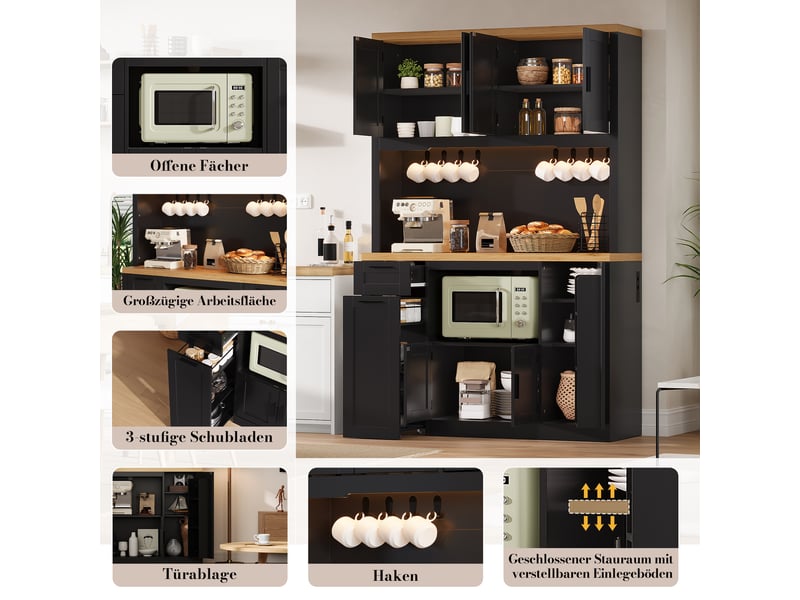  Buffet haut de cuisine 120x40x182 cm avec led rgb, 2 prises, 2 usb, 3 tiroirs, étagères réglables, crochets, rangement de porte, noir et bois naturel  - Conforama E