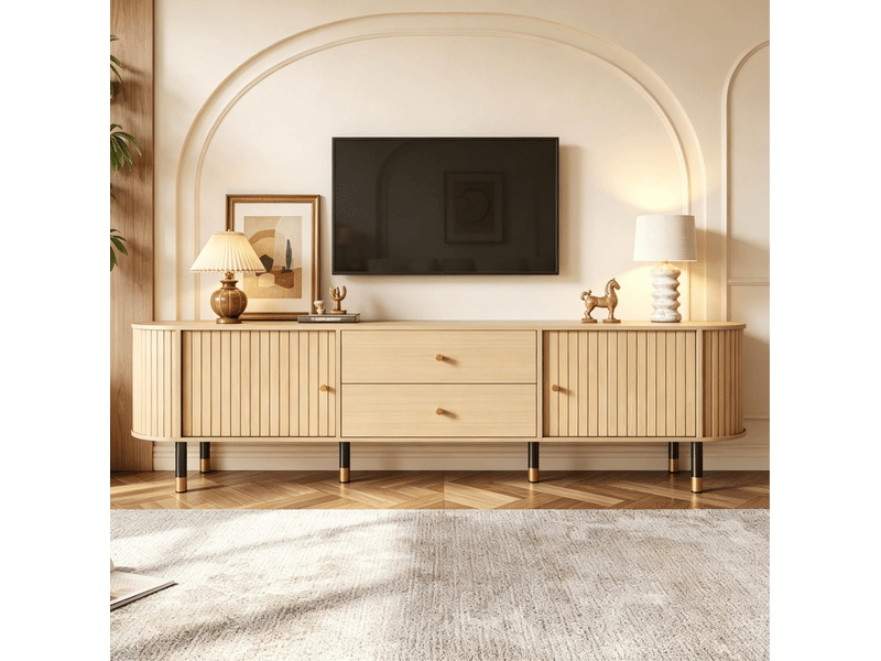  Meuble tv avec 2 portes coulissantes, 2 tiroirs et passe-câbles, finition bois naturel pour salon, 180 × 40 × 58 cm  - Conforama C