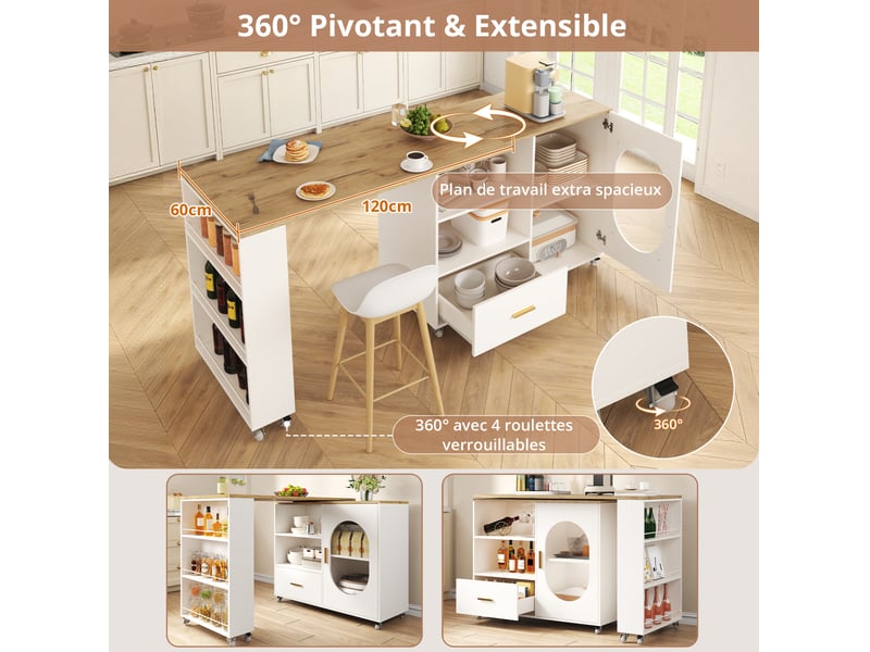  Îlot de cuisine 120x60x90 cm extensible avec 1 porte et 1 tiroir en plateau pivotant et mdf couleur naturel et blanc  - Conforama E