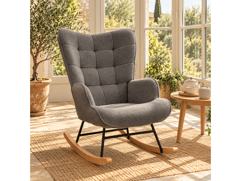  Chaise à bascule, fauteuil a bascule avec polaire sherpa, allaitement fauteuil pour salon, chambre, balcon, gris foncé  - Conforama R