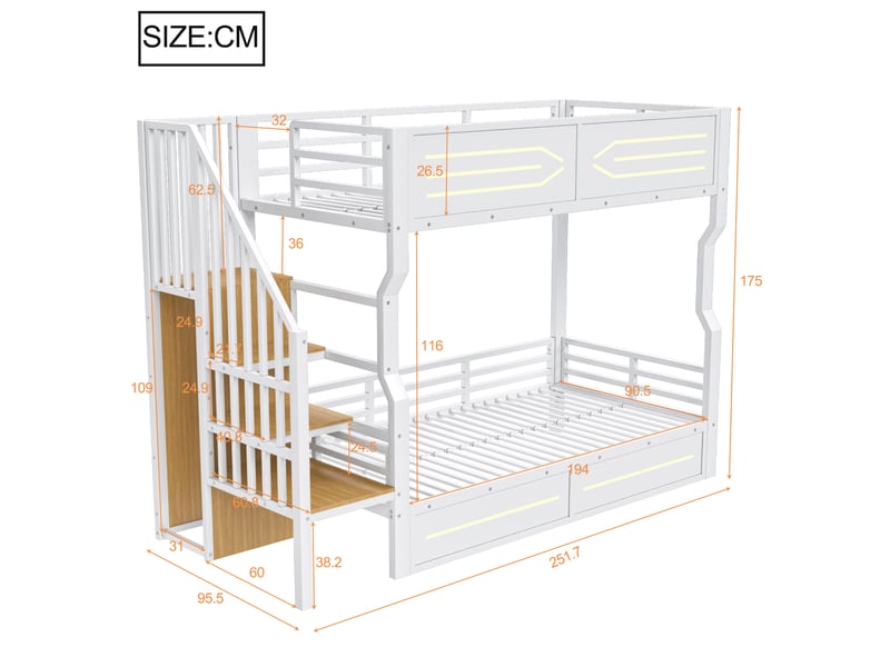  Lit mezzanine métal 90 x 200 cm blanc led escalier rangement avec petit placard garde-corps haut cadre métal chambre ado  - Conforama E