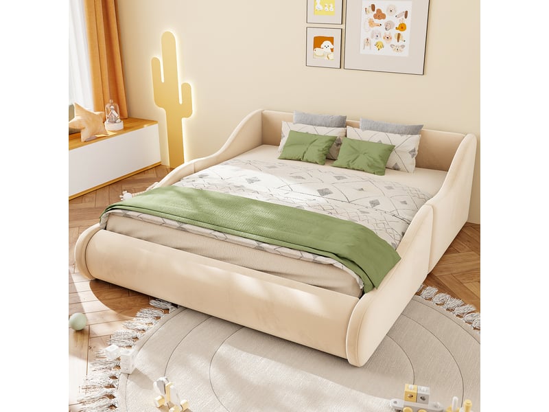 Lit enfant rembourré 140 x 200 cm avec côtés de protection et tête de lit haute, velours beige Fay Lum - Conforama B