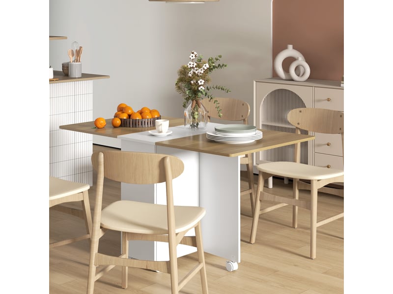  Table à manger pliable pour 6 personnes, table de cuisine sur roulettes avec 2 tiroirs 2 placards, 140x76x74cm, blanc  - Conforama D