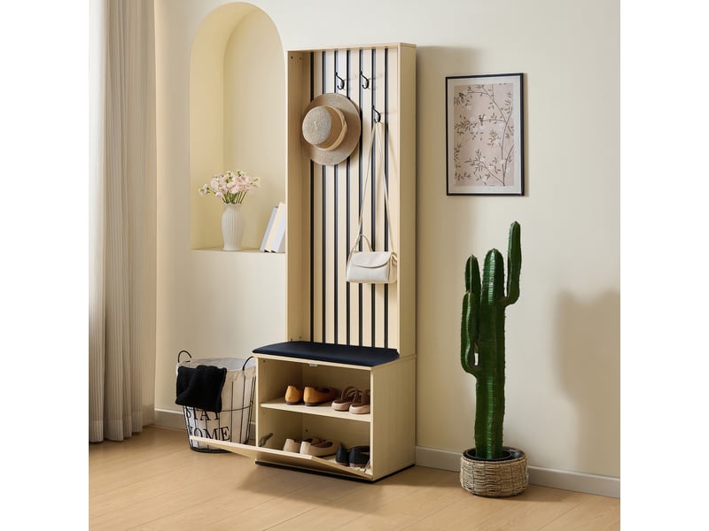  Vestiaire d'entrée - 59.5x35x179.5cm - meuble à chaussures avec banc assise - bois clair  - Conforama B