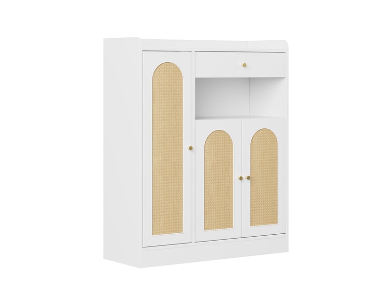 Meuble à chaussures oslo rotin blanc bois 90x35x110 cm, 3 portes, tiroir & étagères réglables - Conforama E