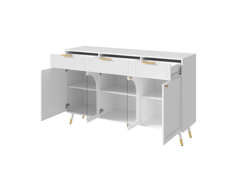  Buffet de rangement 140x40x85,5 cm – blanc – 4 portes, 3 tiroirs, inserts acryliques et fermeture douce  - Conforama D