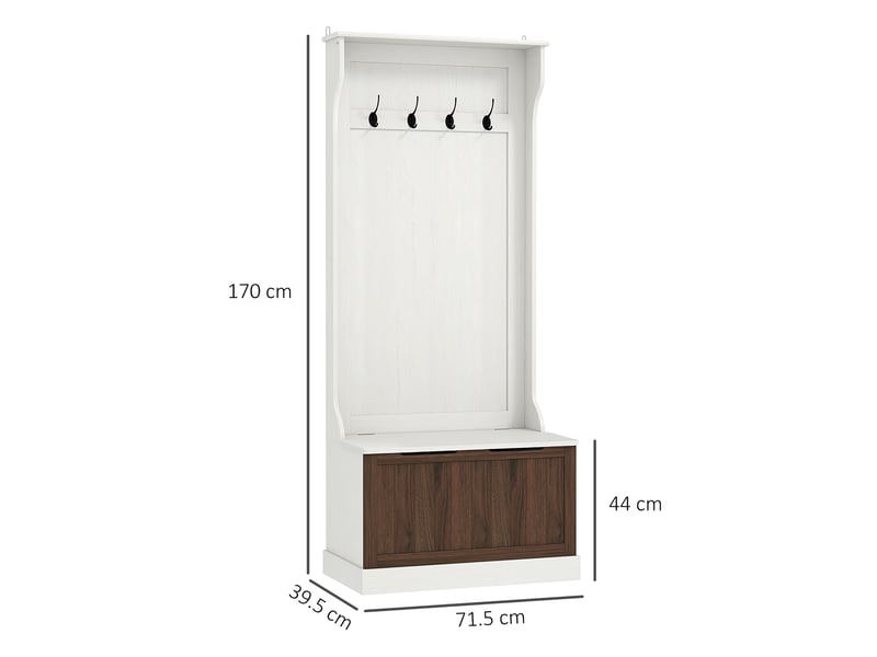  Porte-manteau 3 en 1 avec 4 crochets et banc de rangement, en bois, 71,5 x 39,5 x 170 cm, blanc  - Conforama E