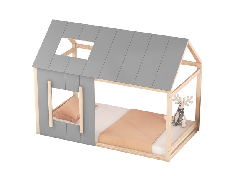  Lit enfant cabane 90 x 200 cm avec toit et fenêtre, bois naturel et gris  - Conforama A