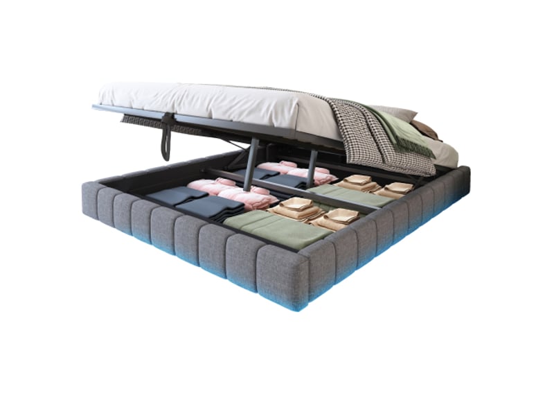  Lit adulte coffre rangement 160 x 200 cm, lit double rembourré gris sans tête de lit, led, ouverture hydraulique  - Conforama A