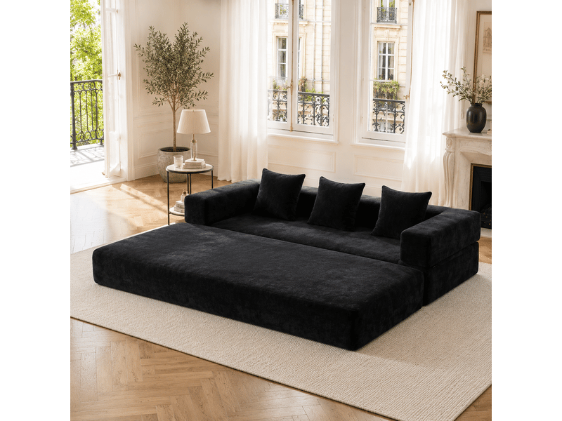 Canapé modulable 2 places 198x79x60 cm convertible en lit 198x159x41 cm, blocs combinables, poches latérales, base antidérapante, chenille noir - Conforama B