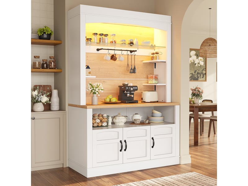  Buffet haut de cuisine 101,5 x 40 x 174 cm avec plan de travail, led rgb app, 6 crochets, étagères réglables et tablettes latérales blanches  - Conforama B
