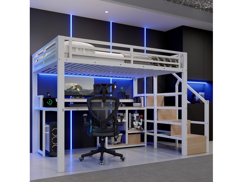  Lit mezzanine 140 × 200 cm 2 places avec armoire-échelle, étagères, led, usb et usb-c, sans matelas, blanc  - Conforama B