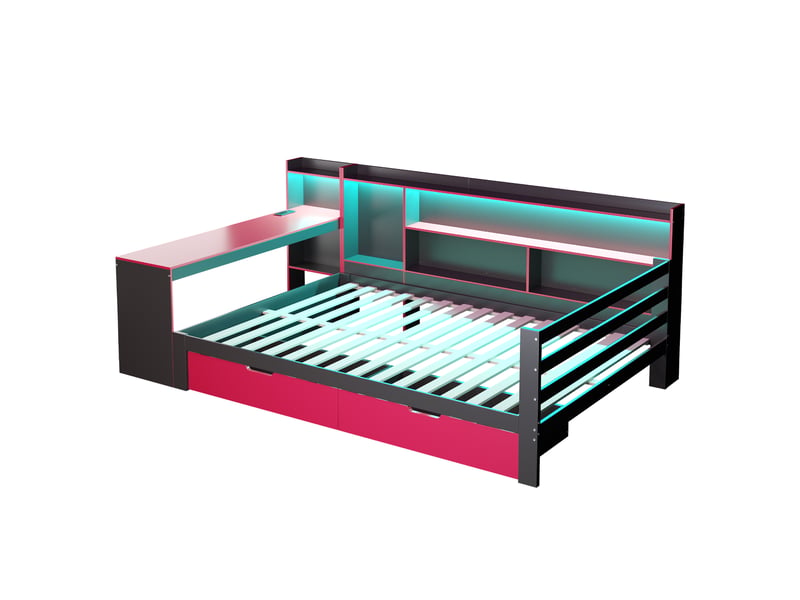  Sofa-lit en bois massif 140 x 200 cm noir et rouge avec bureau, éclairage led, prises et étagères  - Conforama A