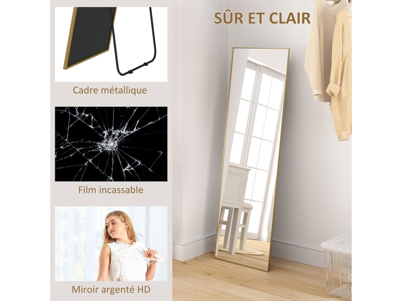  Grand miroir pleine longueur rectangulaire, 50 x 160 cm, miroir sur pied, noir, mural ou pocé contre mur  - Conforama E