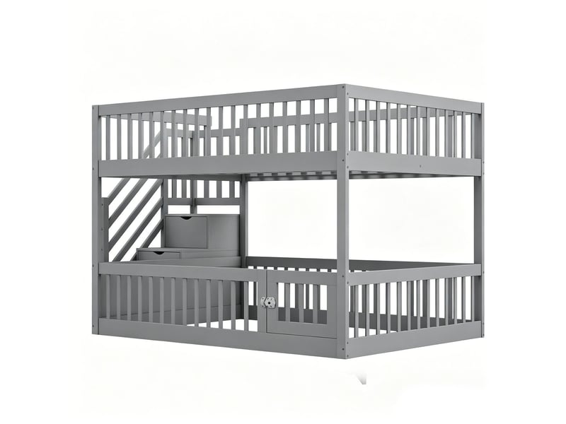  Lit superposé enfant 140 x 200 cm escalier de sécurité tiroirs rangement gris structure bois  - Conforama E