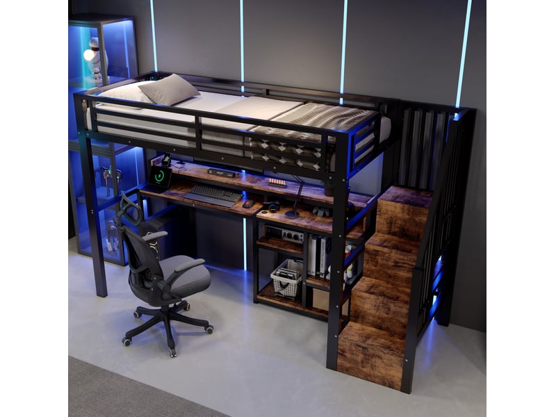  Lit mezzanine 90x200 cm, usb + type-c, avec éclairage led, avec bureau, espaces de rangement, garde-corps métal mdf noir, sans matelas  - Conforama E
