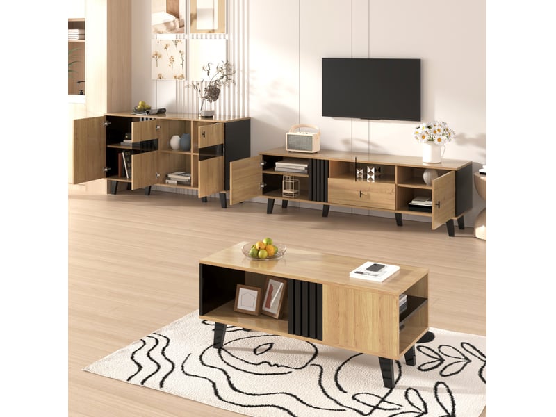 Ensemble salon 3 pièces, table basse 100 cm, meuble tv 170 cm, buffet 140 cm led, panneaux de particules, bois et noir  - Conforama E
