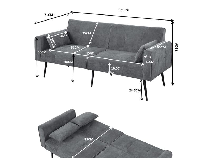 Canapé droit convertible 3 places en velours côtelé gris, dossier réglable et couchage pour petits espaces - Conforama C
