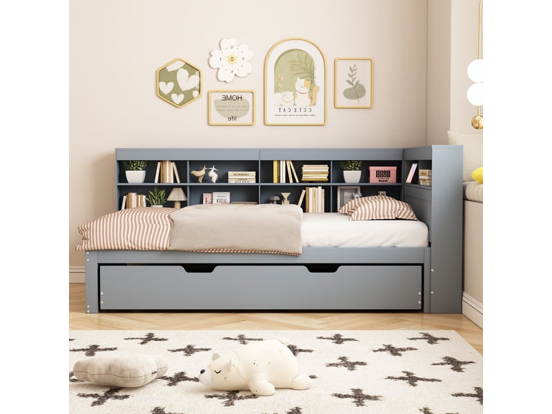 Lit gigogne 90x200 + 90x190 cm avec rangements et port usb, pin gris, sans matelas - Conforama E