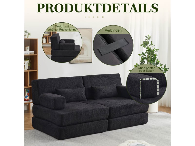  Canapé convertible 2 places 2 en 1-modulable pliable-chenille-lit d'appoint-cadre métal-compressé-gris  - Conforama E