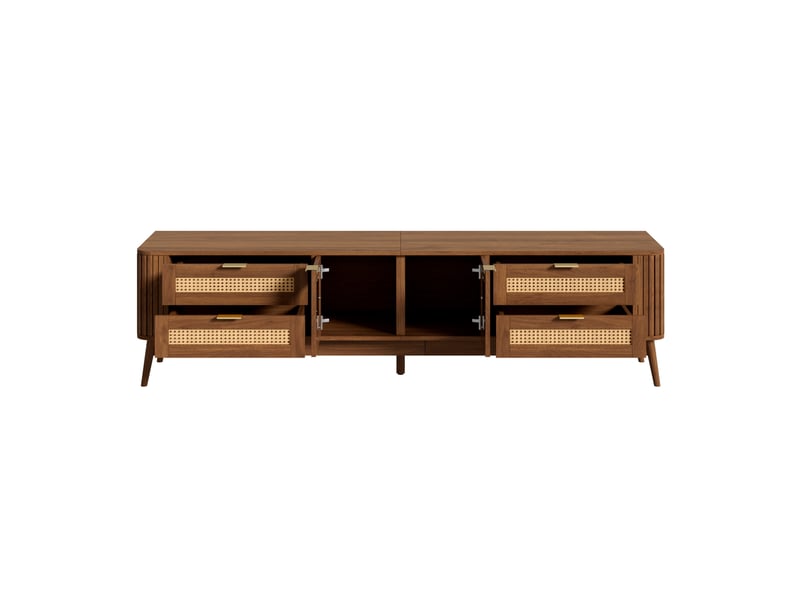  Meuble tv bas 180x40x50 cm, 4 tiroirs, portes vitrées, led, effet cannage Fay Lum - Conforama E