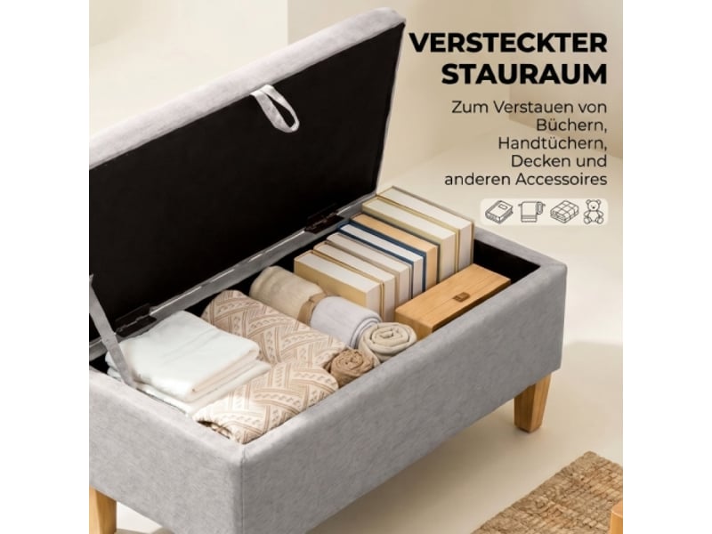  Banc coffre gris clair rembourré aspect lin, pieds en bois d’hévéa, rangement pratique  - Conforama E