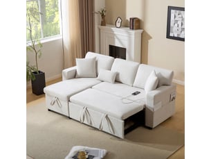 Canapé d'angle convertible 3 places avec rangement et usb, revêtement en flanelle beige, structure mdf robuste pour salon moderne
