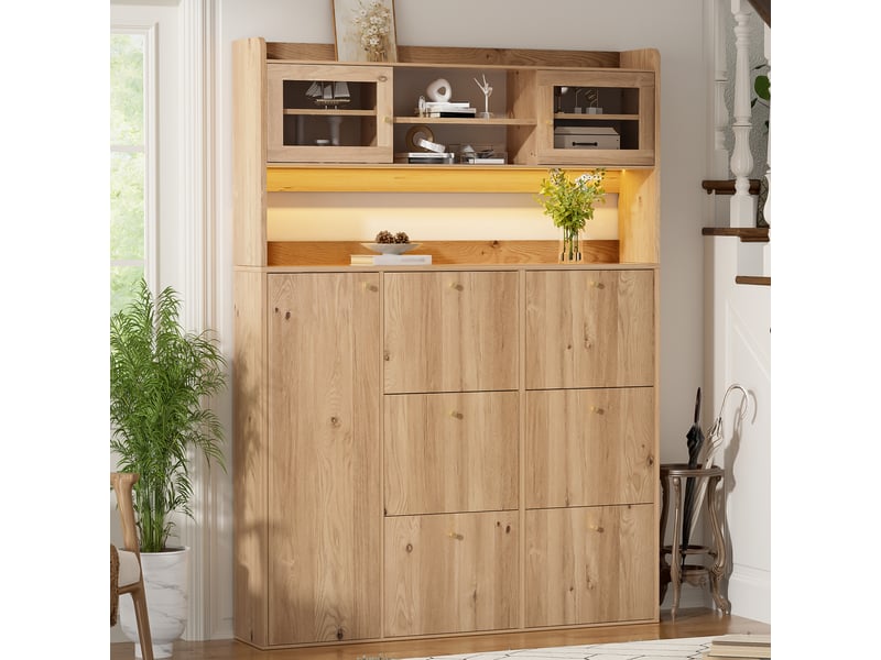 Meuble à chaussures led étroit en bois naturel, 6 abattants, porte en verre, 130x25x180 cm - Conforama E
