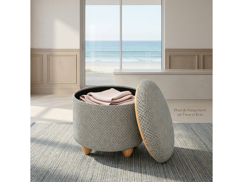  Pouf de rangement rond gris clair en lin avec plateau en bois réversible, 39x39x33 cm  - Conforama E