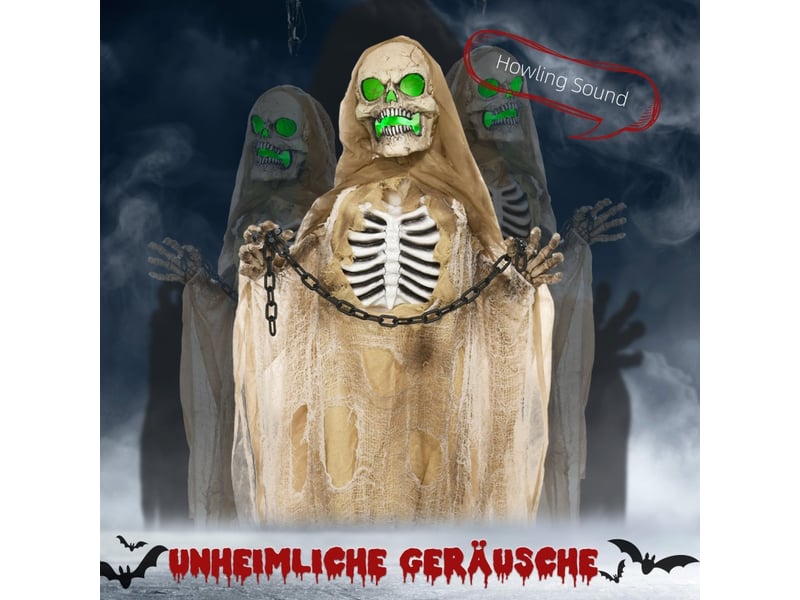  Décoration suspendue pour halloween avec squelette animé, sons et lumières, intérieur abrité, 70×18×183 cm, kaki  - Conforama E