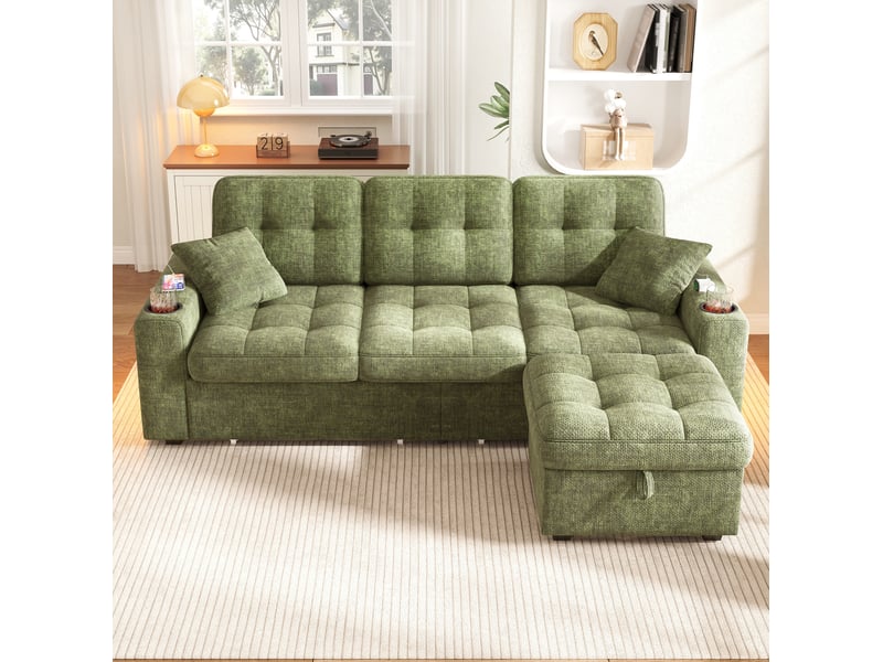 Canapé droit 3 places 194,5x133x83 cm avec rangement, led, usb-c, pouf, tissu chenille vert - Conforama E