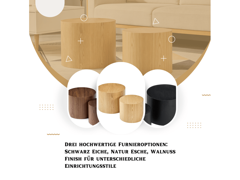  Tables basses gigognes rondes 2 pièces en mdf finition naturelle, résistantes aux éclaboussures, sans montage, salon  - Conforama E