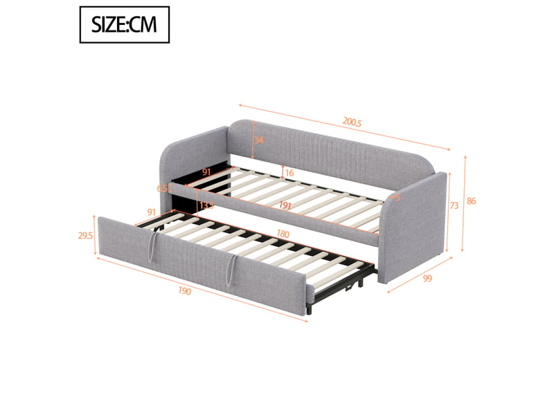  Lit banquette extensible 90/180×190 cm avec sommier à lattes, tissu lin, gris clair  - Conforama C