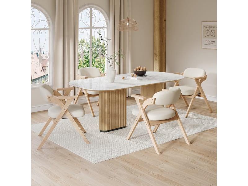 Chaises de salle à manger pliantes lot de 6 avec accoudoirs  - rangement compact bois massif et lin beige  - Conforama C