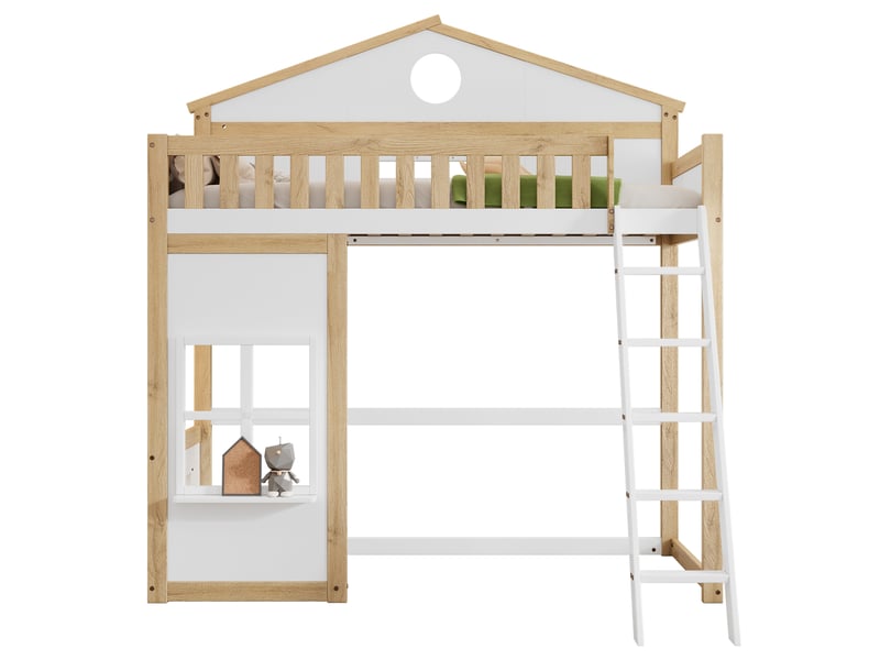 Lit superposé 90x200 cm cabane enfant - avec fenêtres et toit, barrière de sécurité et espace libre dessous - sans matelas - bois pin + mdf - blanc et naturel - Conforama A