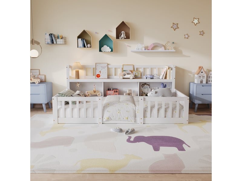  Lit enfant au sol 90x200(90x190) cm, lit simple avec bibliothèque et barrière, lit  montessori, bois, style scandinave moderne, blanc  - Conforama D