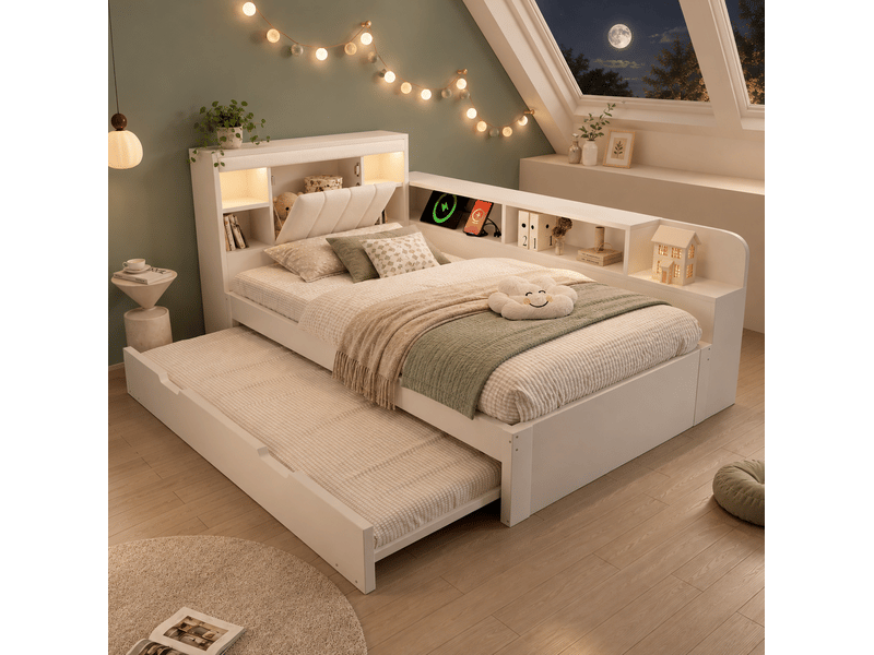 Lit gigogne 90x190 cm avec rangements, liseuses et ports usb, blanc - Conforama B