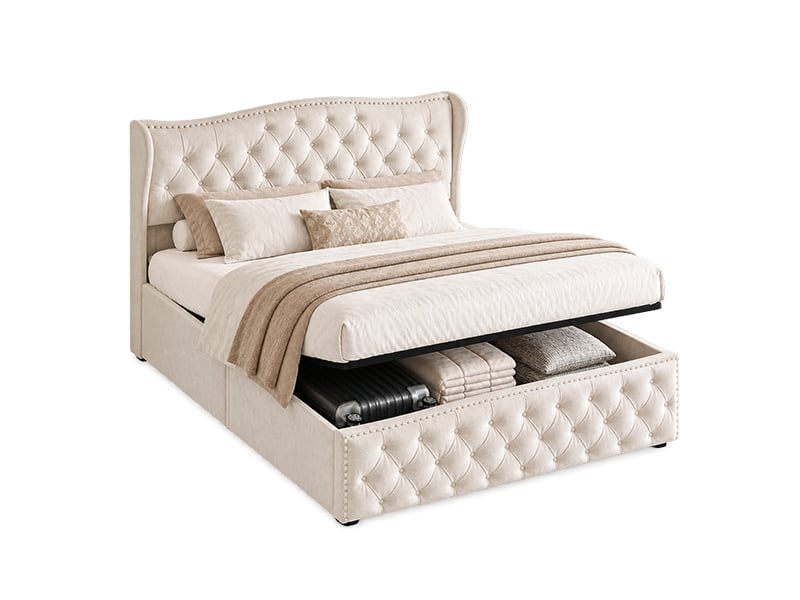 Lit double rembourré 140 x 200 cm avec espace de rangement, lit à réglage hydraulique avec sommier à lattes et tête de lit rembourrée, velours, beige 231211SM1201#ADK35HWyJBDELLM - Conforama A