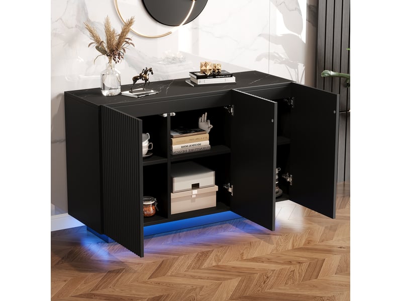  Buffet 120x40x75 cm, led intégré, commande bluetooth, façade à rayures verticales, plateau effet marbre en mdf, noir  - Conforama E