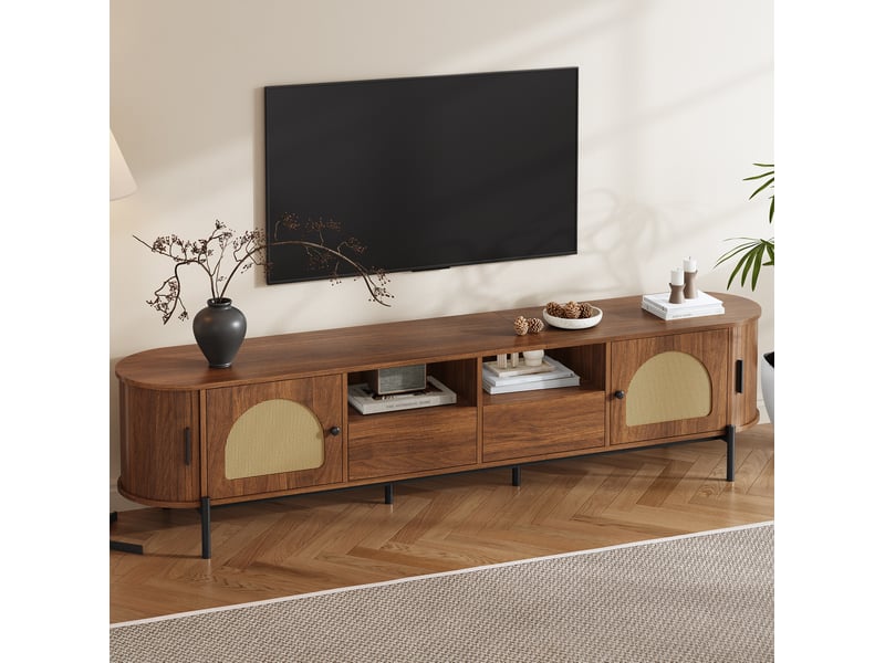  Meuble tv tcqpz ovale 200 x 40 x 49,5 cm en mdf coloris noyer avec portes coulissantes, portes, tiroirs et passe-câbles  - Conforama D