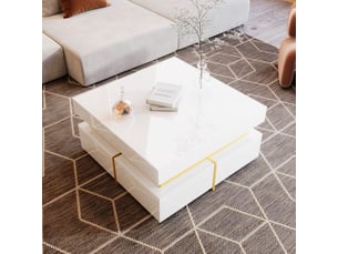 Table basse avec 2 tiroirs, finition brillante, décor doré, en panneau de particules, blanc - uvrion