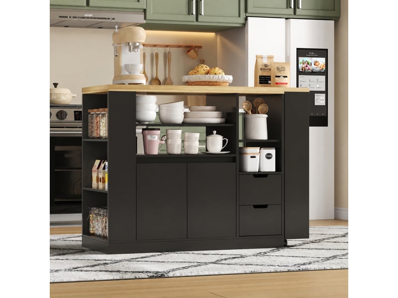  Îlot de cuisine avec plan de travail pivotant et extensible, 115 cm, rangement, noir et bois naturel  - Conforama B