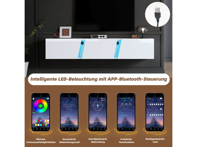  Meuble tv mural avec 3 portes, 5 compartiments et led pour salon 180×35×30 cm en panneaux de particules blanc  - Conforama D