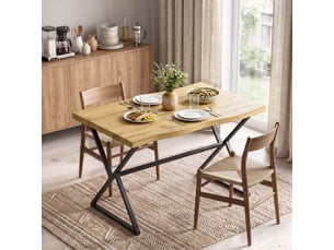 Table à manger style industriel métal noir épais plateau effet bois clair